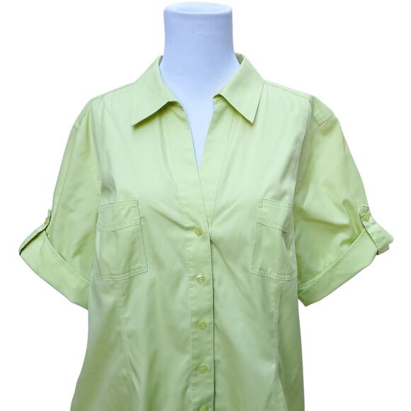 Chico's Yellow Green No Iron Button Down Short Sleeve Shirt Roll Tab Chicos 3 XL - Picture 2 of 16
